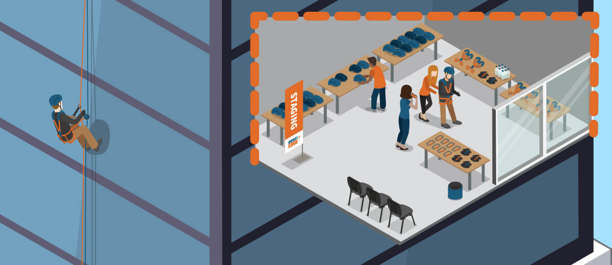 Vector Illustration of person rappelling down the building along with an internal view of the staging room that would be at an Over The Edge event