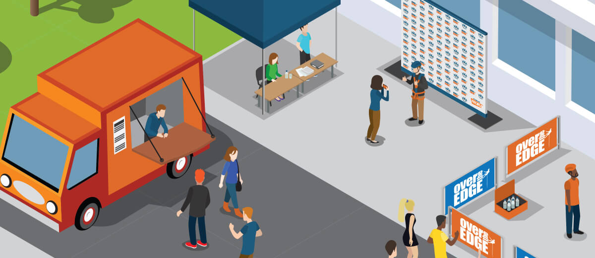 Vector Illustration close up of people running an information booth, photo set up and food truck.