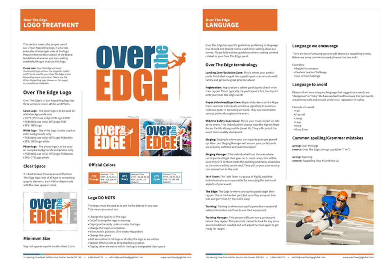 Over the Edge brand book spread layout design