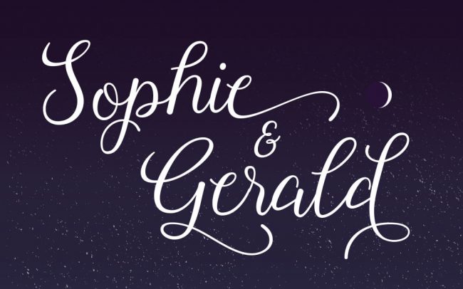 Cursive text sits on top of an illustrative sky used on a wedding invite card design