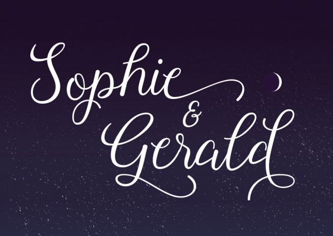 Cursive text sits on top of an illustrative sky used on a wedding invite card design
