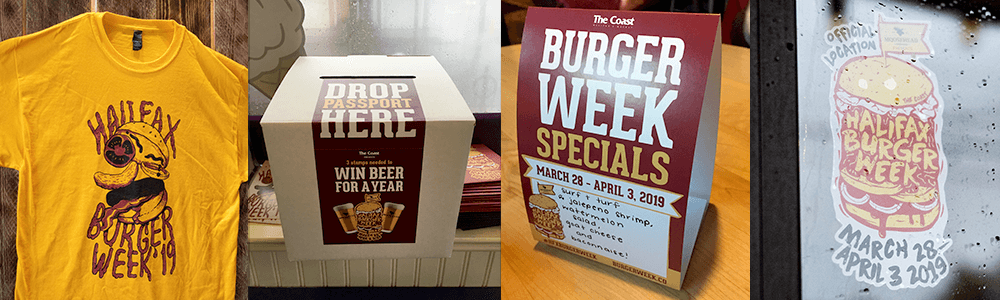 Halifax Burger Week Tshirt design, ballot box, tent card and store sticker on location.